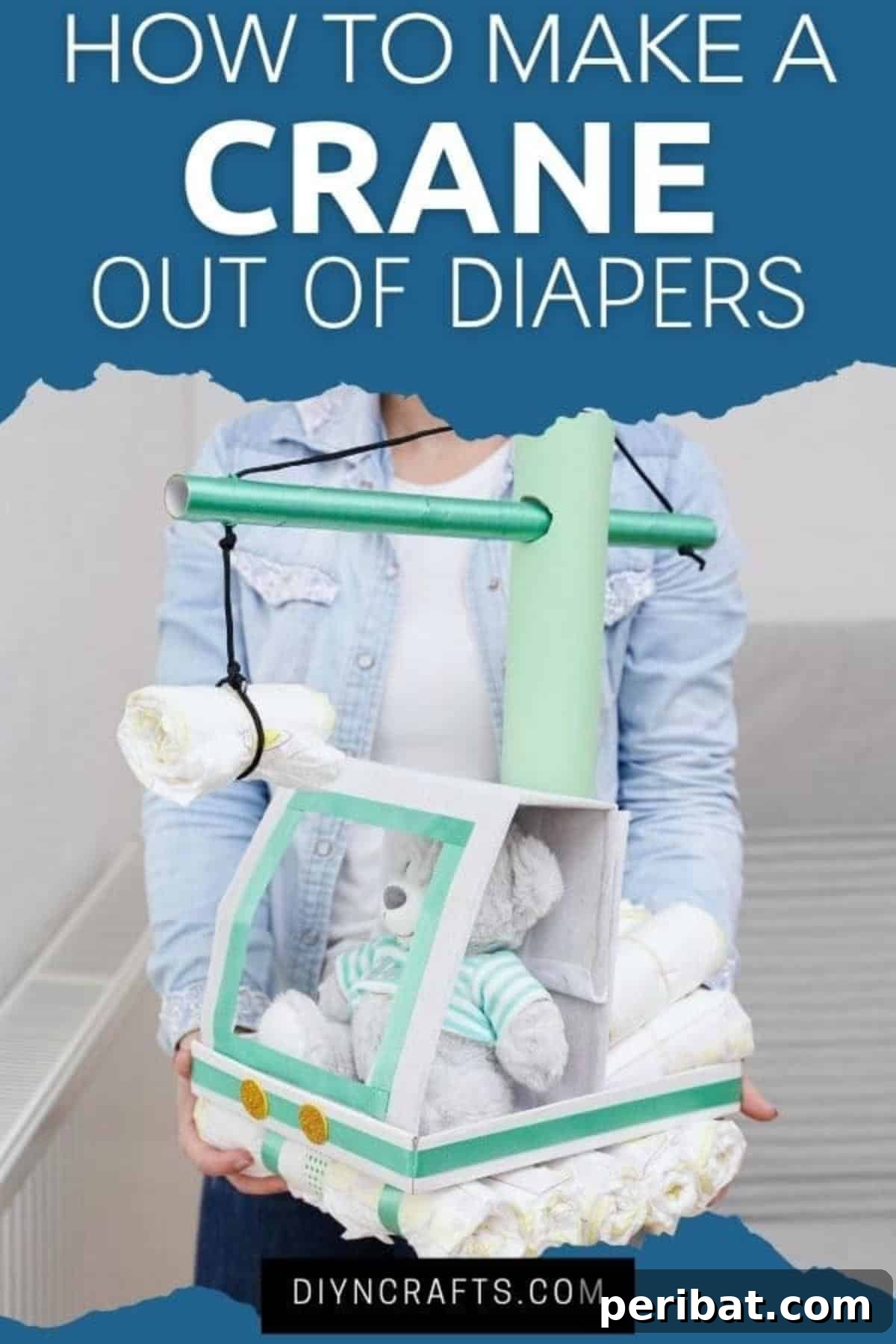 Woman proudly holding her handmade crane diaper cake, showcasing its adorable design and vibrant colors, ready to be presented as a baby shower gift.