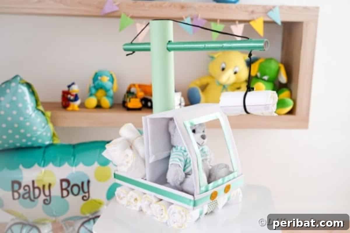 A beautifully crafted crane diaper cake sitting elegantly on a pristine white table, highlighting its intricate details and cheerful aesthetic, perfect for a baby shower.
