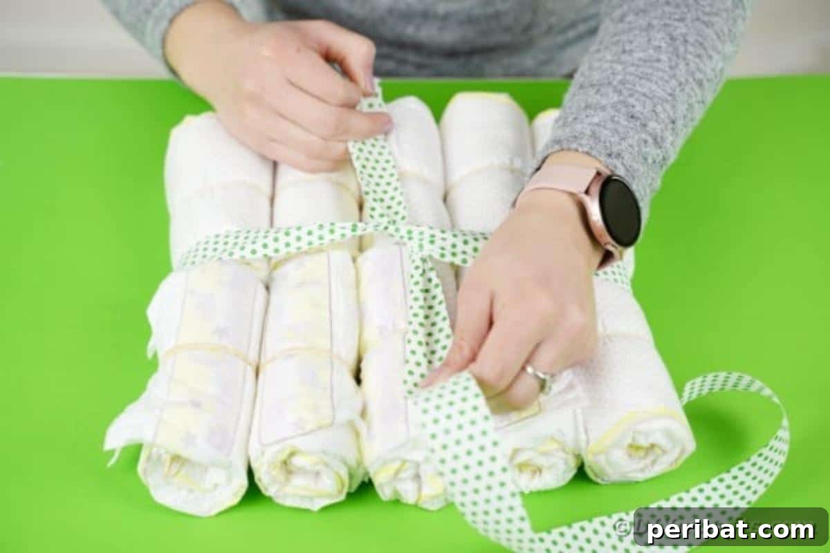 A polka dot ribbon being tied securely around the assembled block of diapers, adding both aesthetic appeal and stability to the base.