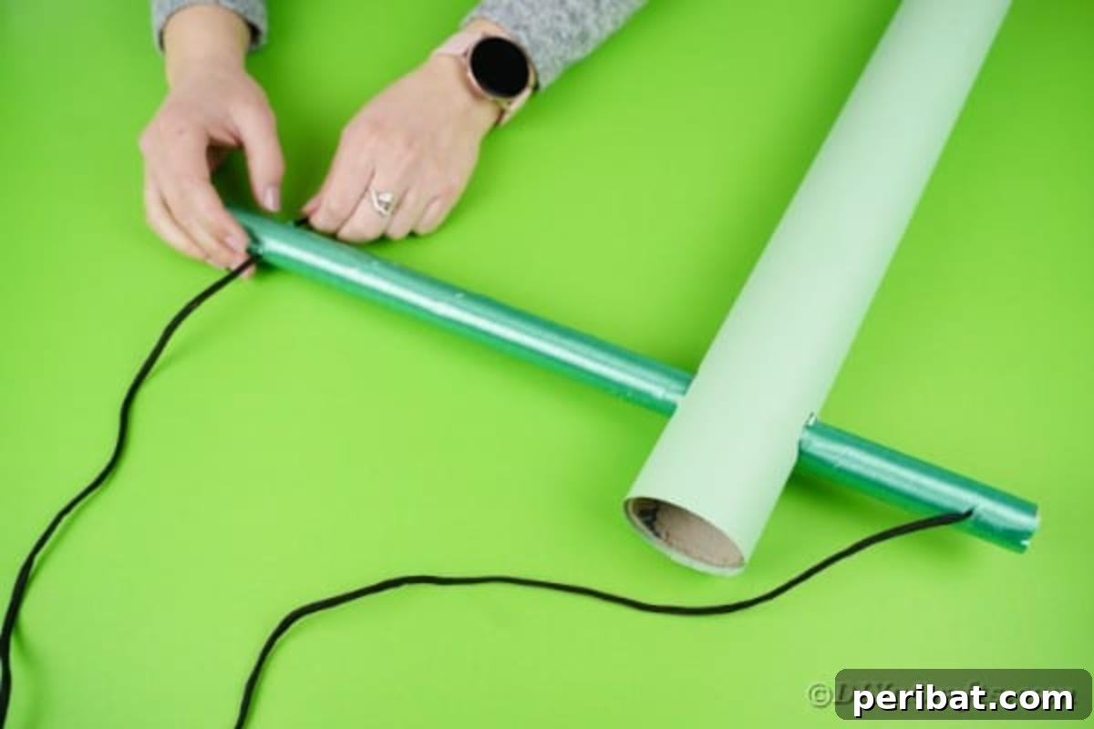 Black twine being carefully threaded through the small holes on the cardboard tube, then tied securely, creating the functional hoisting line for the crane.