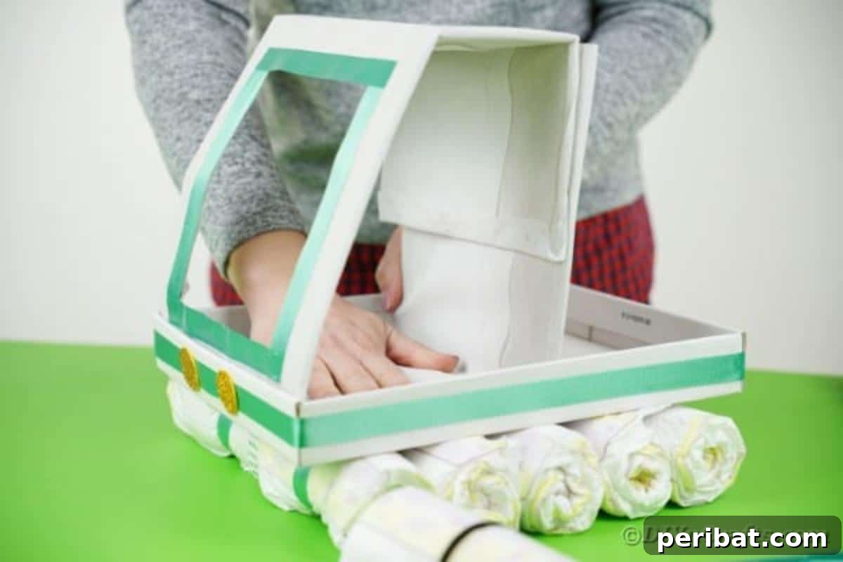 The assembled crane cab being carefully glued onto the wrapped cardboard platform of the diaper cake base, securing its position.