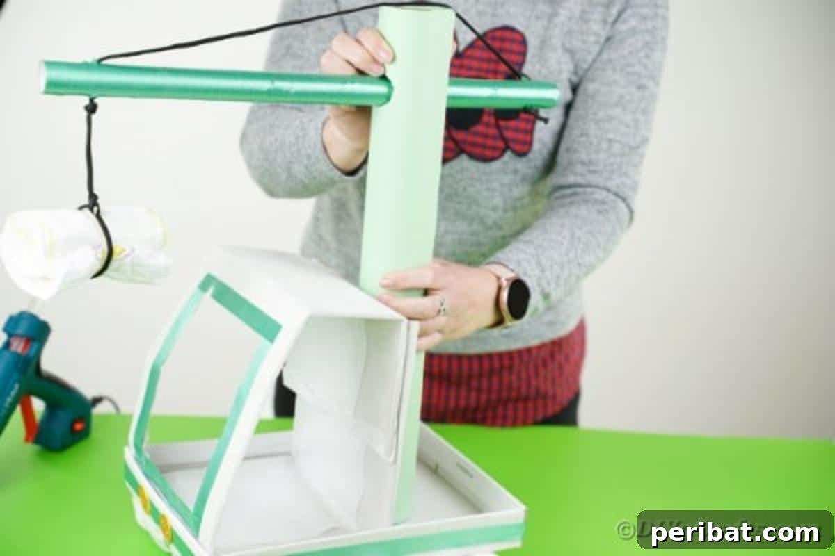 The main crane boom, represented by the larger cardboard tube, being securely glued to the back of the diaper cake base, positioned behind the cab.