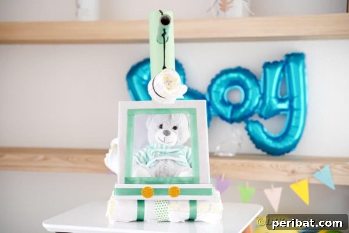 A close-up view of the crane diaper cake, highlighting the carefully placed baby gifts within its structure, ready to delight the new parents.