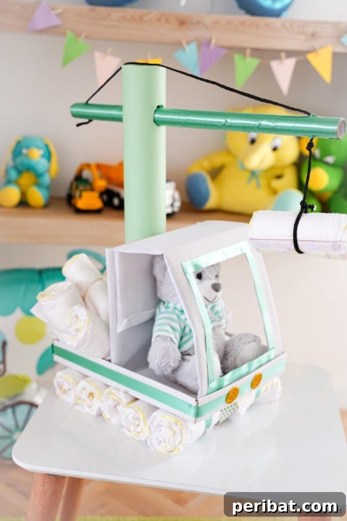 An overhead shot of the crane diaper cake, emphasizing its elegant presentation and the joy it brings as a thoughtful baby gift.