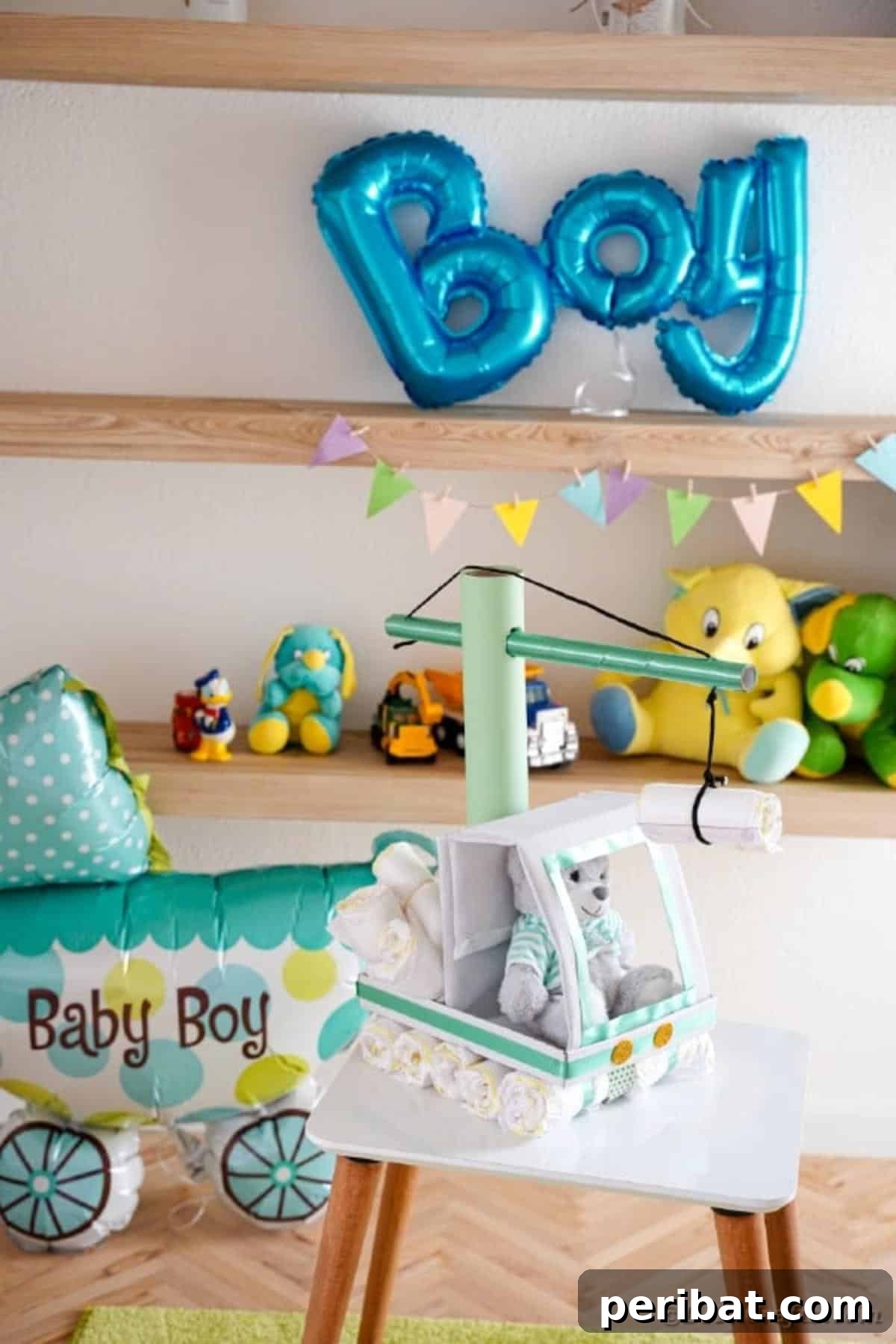 The fully assembled crane diaper cake elegantly displayed on a white table within a beautifully decorated baby room, showing its perfect fit as a functional decor item.