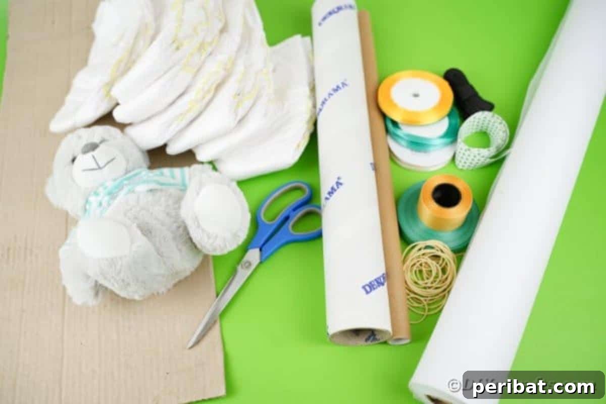 An organized collection of supplies for crafting a crane diaper cake, including diapers, cardboard tubes, ribbons, and glue, laid out on a clean surface.