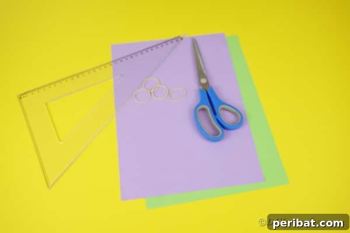 Various crafting supplies, including colored paper, scissors, and glue, laid out on a table.