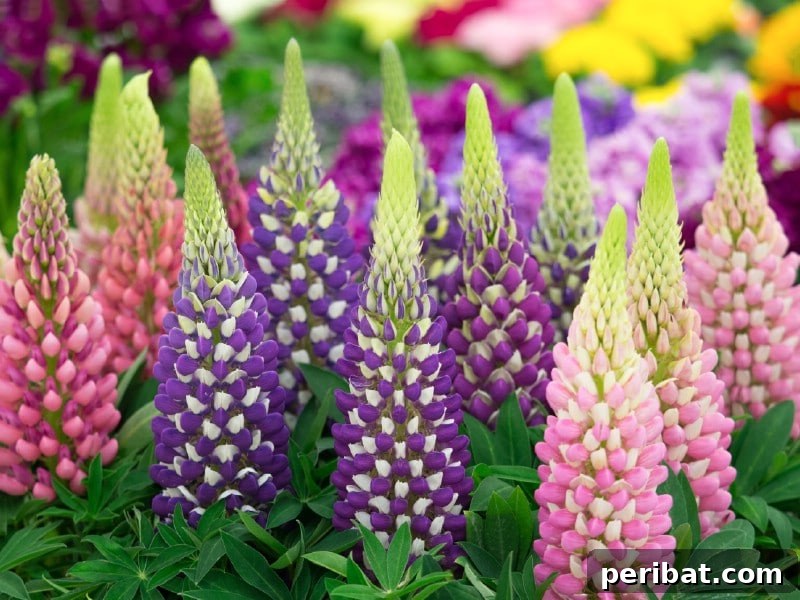 Tall, colorful spires of 'Popsicle Mix' Lupine in various shades of red, purple, and yellow.