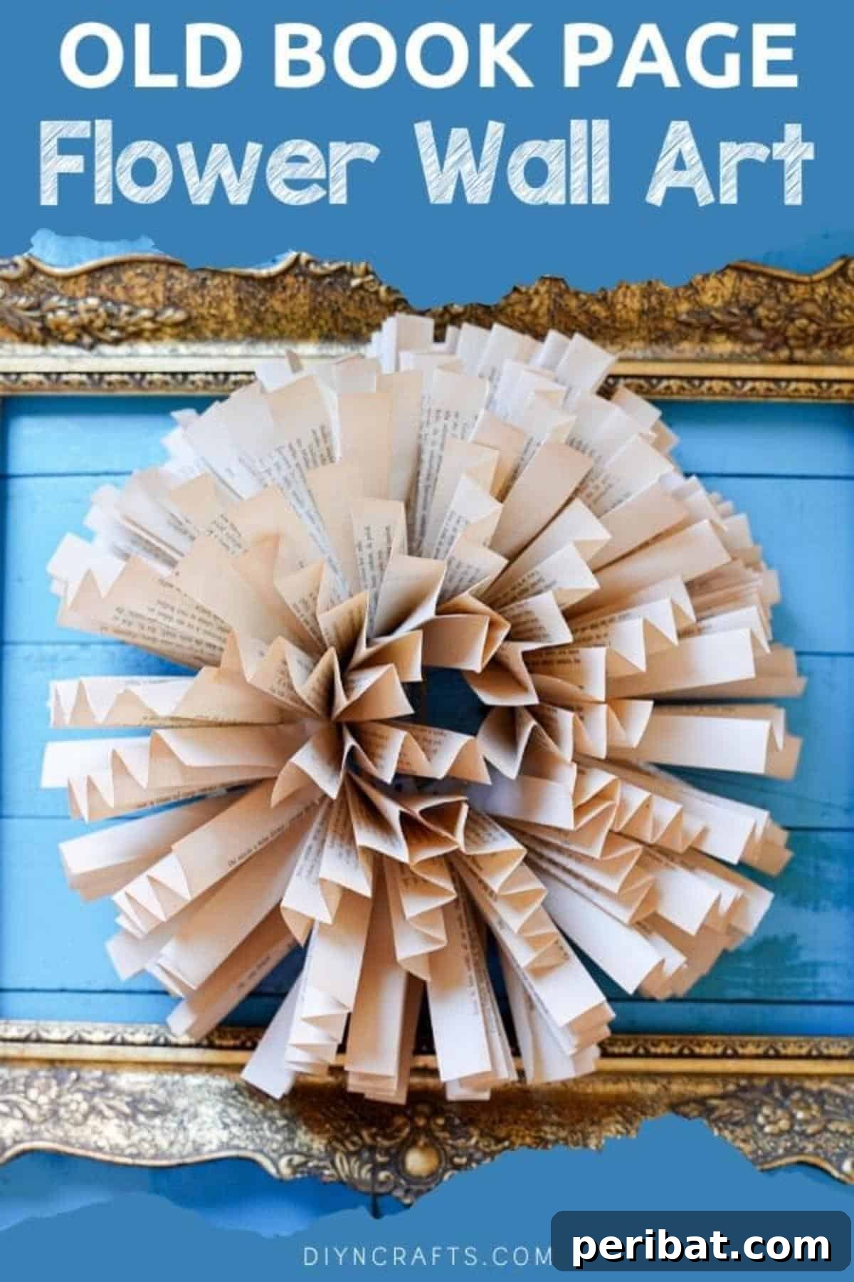Rustic paper flower wall art made from old book pages, displayed on a blue wall