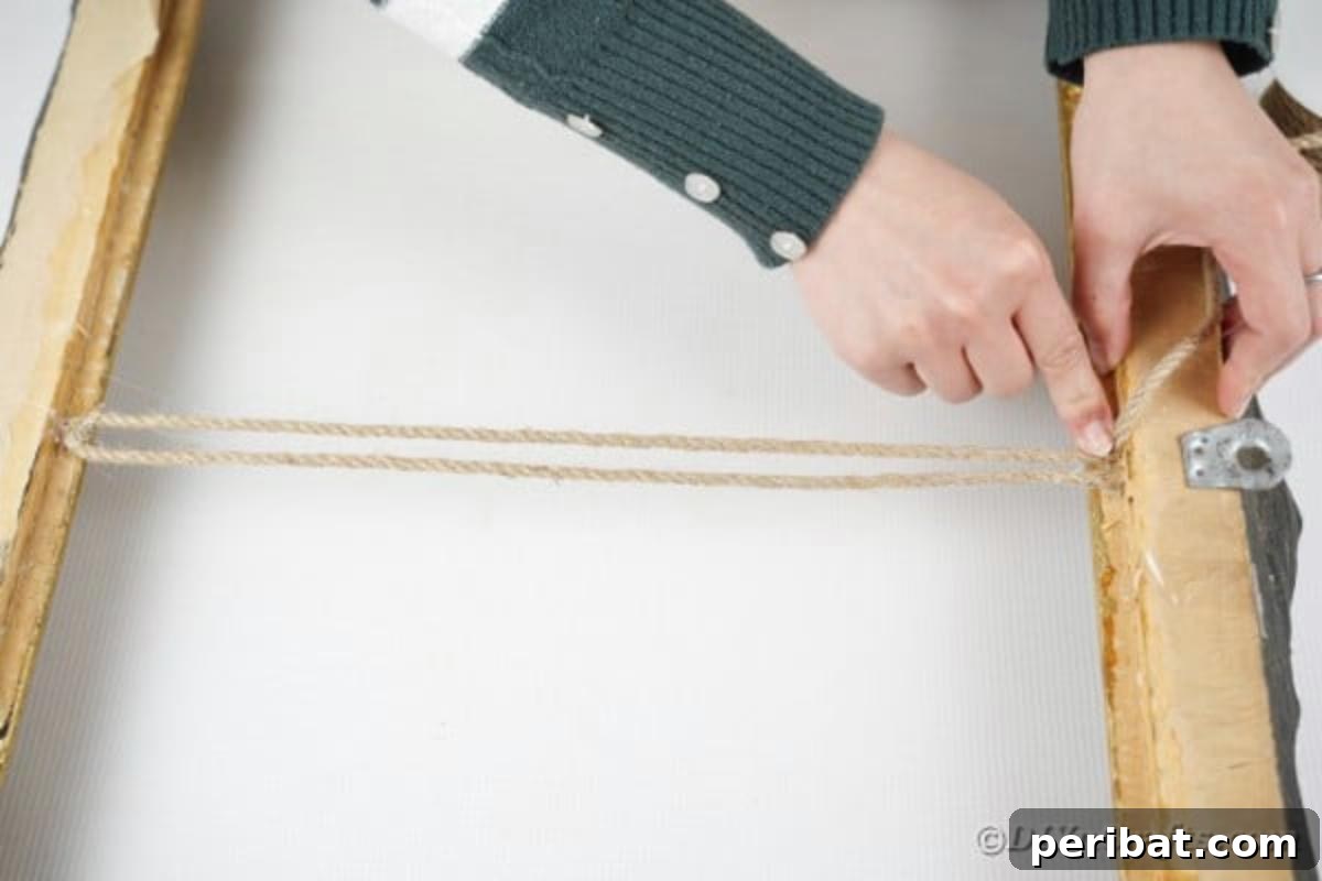 Two parallel pieces of twine securely attached with hot glue to the back of a picture frame