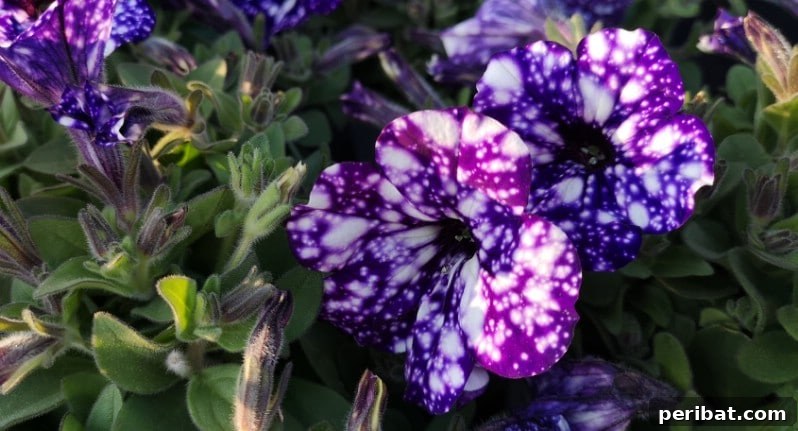 Night Sky Petunias: Cultivate Your Own Galaxy 6 Close up photo of two purple night sky petunia flowers.