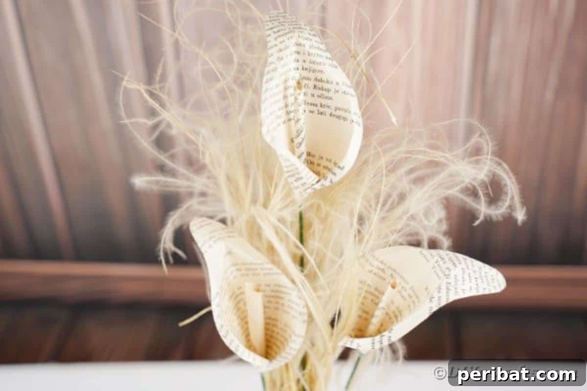 Whispering Pages Calla Lily Bouquet 6 Calla lily bouquet in vase by wood paneling