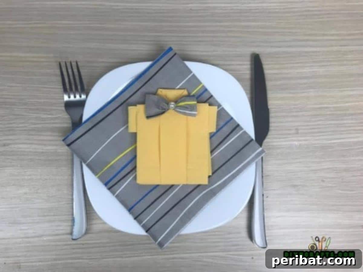 5 Instant Napkin Folds to Amaze Your Guests 41 Completed Dapper Shirt Napkin Fold with Embellishments